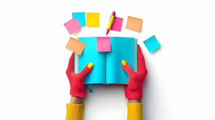 3D Flat Icon: Human Hands Holding Book with Sticky Note and Highlighter, Active Learning Concept with Copy Space   Isolated White Background