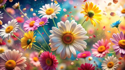 Fototapeta premium Vibrant daisies burst forth in every direction, filling the transparent background with colorful, delicate petals, celebrating female beauty and freedom.
