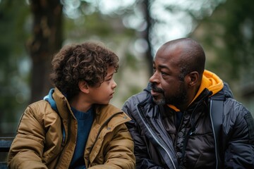 Obraz premium A man sits next to a young boy on a bench, a moment of companionship and connection