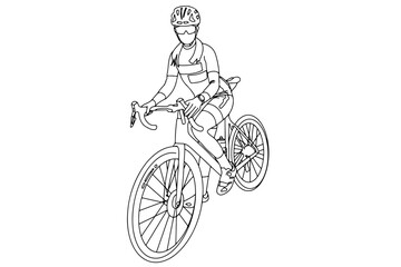 Female riding the bicycle outline vector illustration. Woman cyclist in equipment flat one line vector illustration, isolated on white background.