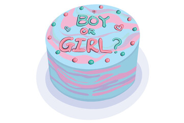 Gender reveal cake in flat vector style. Hand drawn vector illustration of blue and pink Cake. Design for revealing the child's gender. Boy or girl?