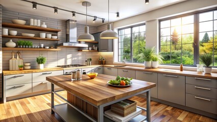 Modern kitchen interior with sleek countertops, stainless steel appliances, and rustic wooden cutting boards surrounded by natural lighting ambiance.