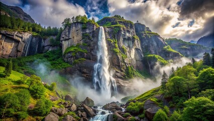 Majestic waterfall cascades down rugged granite mountain cliff amidst lush greenery and misty veil in serene natural landscape setting.