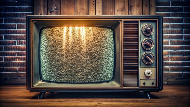 Old analog television screen displaying flickering static noise with audio feedback, turning on and off with a vintage aesthetic ambiance.