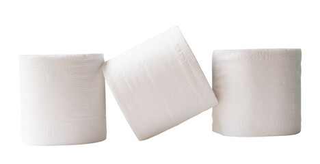 Front view of white tissue paper rolls in stack isolated with clipping path in png file format