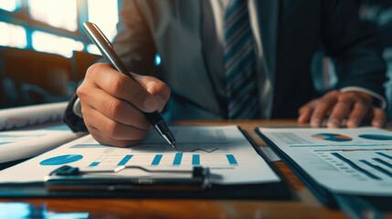 A businessman writing on a piece of paper, likely taking notes for a meeting or project