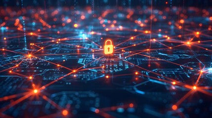 Abstract network with interconnected nodes and a central padlock symbol, symbolizing secure data flow.