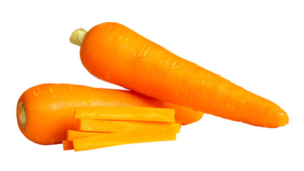 Front view of orange carrots with slices in stick shape isolated with clipping path in png file format
