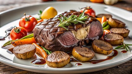 Decadent grilled steak smothered in rich truffle sauce sits atop a bed of roasted vegetables on a crisp white plate.
