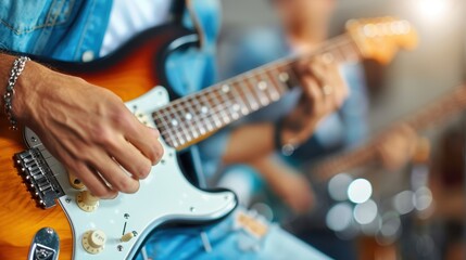 Obraz premium A detailed image of a musician playing an electric guitar with focus and precision, highlighting the dedication and skill involved in creating musical art.