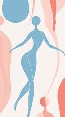 A stylized blue female figure walks amongst abstract pink and coral shapes