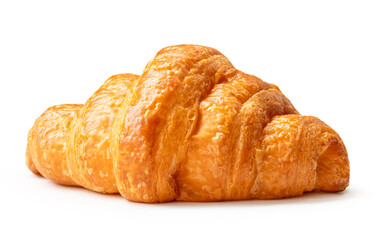 Side view of single brown croissant isolated on white background with clipping path