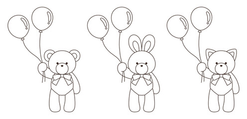 リボンをつけたかわいいくまとうさぎとねこのぬいぐるみのベクターイラストセット。アイコン、風船