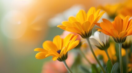 Obraz premium A captivating image of bright yellow flowers basking in the soft glow of sunlight, creating a warm and inviting atmosphere filled with the beauty of nature and the promise of flourishing life.