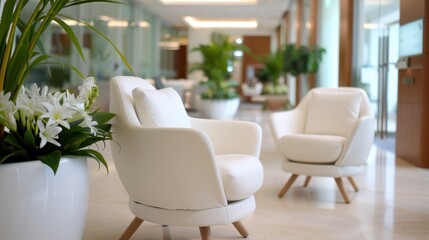 Fototapeta premium A cozy seating area in a modern office lobby, featuring plush white chairs, large potted plants, soft lighting, and clean lines, offering a welcoming and comfortable environment.