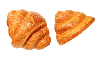 Top view set of single croissant with half isolated on white background with clipping path