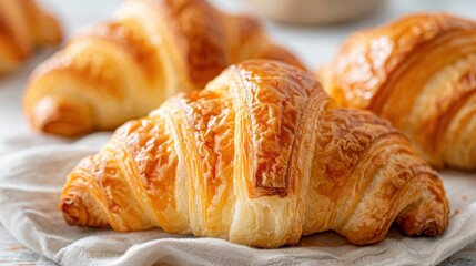 A close-up of multiple golden-brown croissants arranged on a white cloth, highlighting their impeccably flaky layers and buttery texture, ideal for a classic breakfast.