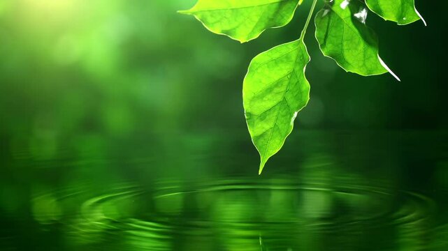 Raindrops gently patter from a leaf, creating ripples on surface of the lake.Slow motion