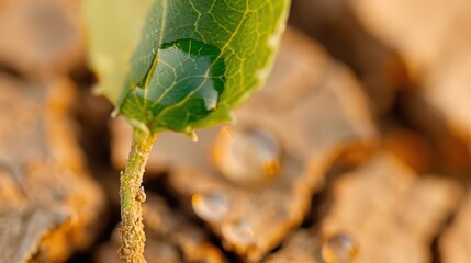 A vivid close-up captures a green leaf with water droplets resting on it atop cracked dry soil, representing the vitality and delicate balance in nature amidst dry conditions.