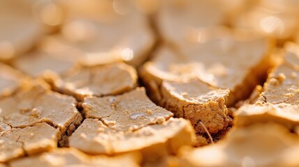 This image features a close-up view of desert ground with cracks and dry soil, illuminated by golden sunlight, highlighting the arid and parched nature of the terrain.