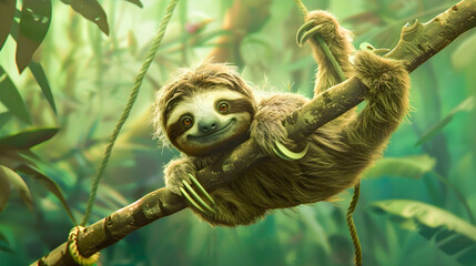 Adorable Sloth Relaxed and Hanging Onto Tree Branch in Lush Green Jungle  Slow moving Furry Creature Resting Peacefully in its Natural Rainforest Habitat
