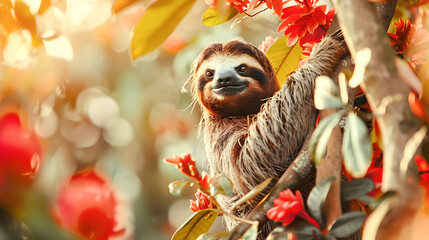 Naklejka premium Closeup of a cute and smiling sloth hanging peacefully on a tree branch in a lush tropical forest environment The sloth appears happy and content surrounded by vibrant green leaves and foliage