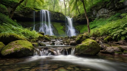 Tranquil waterfalls flowing through a lush forest in summer