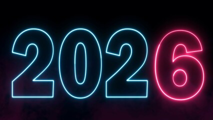 2026 text font with neon light. Luminous and shimmering haze inside the letters of the text Happy New Year 2026. 2026 Chirstmas.