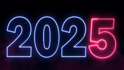 2025 text font with neon light. Luminous and shimmering haze inside the letters of the text Happy New Year 2025. 2025 Chirstmas.