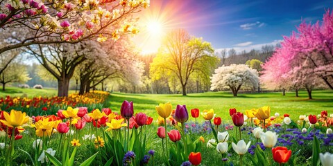 Fototapeta premium Vibrant spring landscape with lush green grass and colorful flowers, spring, landscape, green, grass, flowers, vibrant, bloom