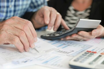 Woman Senior Bill Finance retirement couple home file calculator Paper wife budget old man together mature old retirement paperwork tax