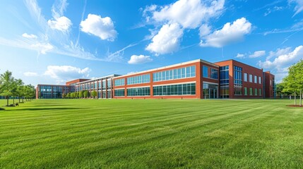 Obraz premium High school building exterior with green space full of grass and modern brick architecture.