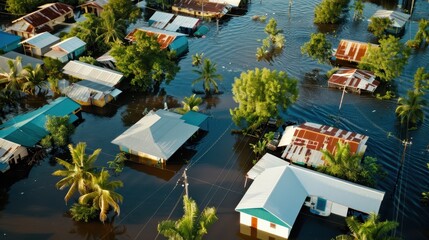 An aerial photograph capturing a disaster scene where floodwaters have inundated a neighborhood of houses with tin roofs and lush green trees struggling in the water.