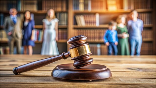 Blurred wooden gavel on rustic table surrounded by family law books, toys, and child's artwork, conveying emotional family court atmosphere.