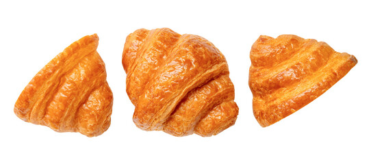 Top view set of single golden croissant with halves isolated with clipping path in png file format