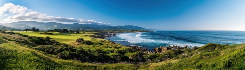 Breathtaking Panoramic View of Serene Ocean, Lush Green Hills, and Majestic Mountains, A Coastal Paradise