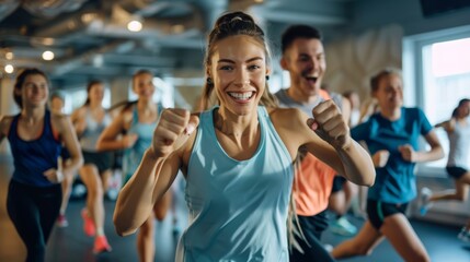 Colleagues participating in a group fitness class, showcasing energy and teamwork in a corporate gym