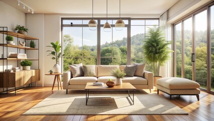 Bright, airy, modern living room with beige sofa, minimalist decor, and large windows flooding the space with natural daylight.