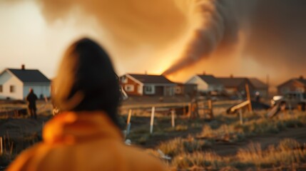 A dramatic scene where a person, viewed from behind, watches a powerful tornado approaching a residential area, causing a destructive trail during sunset.