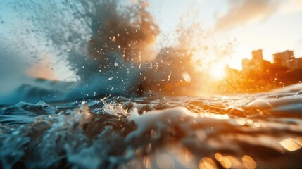 A captivating scene of dynamic ocean waves crashing with force, highlighted by the vibrant colors of a setting sun, showing the beauty and power of nature.
