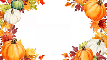 Autumn harvest framed white background. Botanical frame in watercolor style.