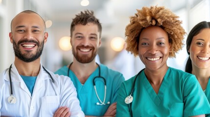 A diverse group of healthcare professionals, including doctors and nurses, stand together smiling in a hospital corridor, highlighting teamwork and dedication in healthcare.