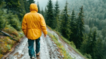 Obraz premium A person dressed in a yellow raincoat and walking boots makes their way along a rain-soaked forest trail, surrounded by dense vegetation, misty atmosphere, and pines.