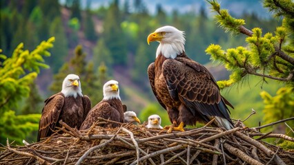 Majestic adult bald eagles proudly sitting beside their precious chicks in a sturdy nest, surrounded by lush greenery and twigs.