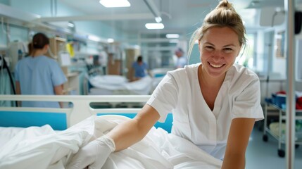 Obraz premium A healthcare professional, wearing white scrubs and gloves, is tending to a patient in a well-lit hospital room, reflecting care and dedication.