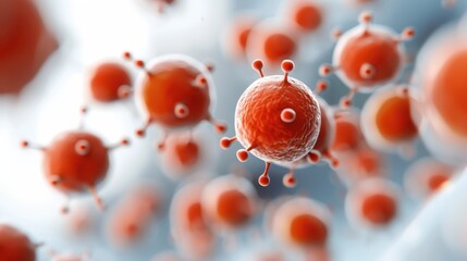 This image shows a detailed close-up of red spherical virus particles with protruding spikes, floating in a blurred blue background representing a microscopic environment.