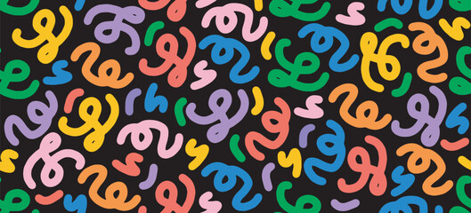 Fun colorful line doodle seamless pattern for kids birthday party or celebration background, trendy design with scribble shapes on black backdrop.