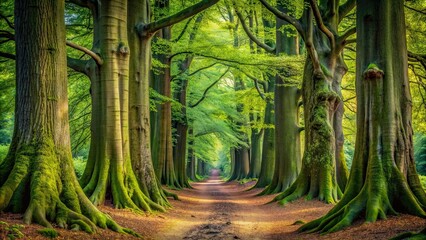 Naklejka premium Woodland walk through towering trees with massive trunks and branches , nature, forest, woods, foliage, giant, massive