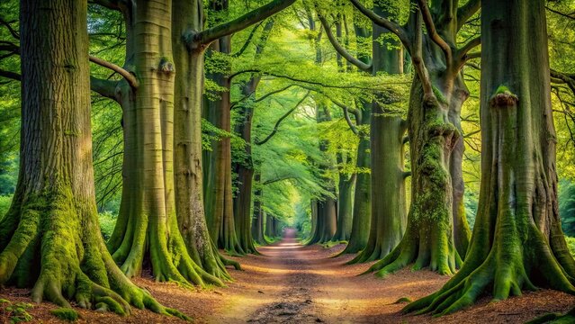 Woodland walk through towering trees with massive trunks and branches , nature, forest, woods, foliage, giant, massive