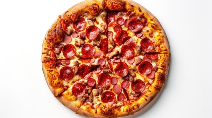 High quality top view image of pizza with pepperoni and sausage on a white background